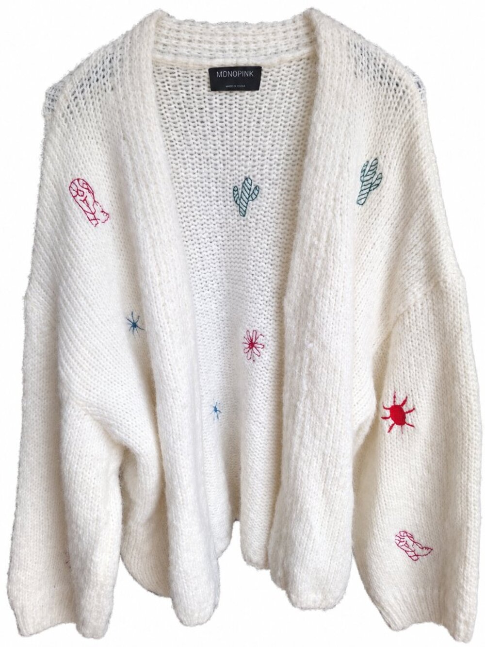 MINKPINK Sz L Ivory Embroidered Cardigan Western Cowboy Cactus Oversized
